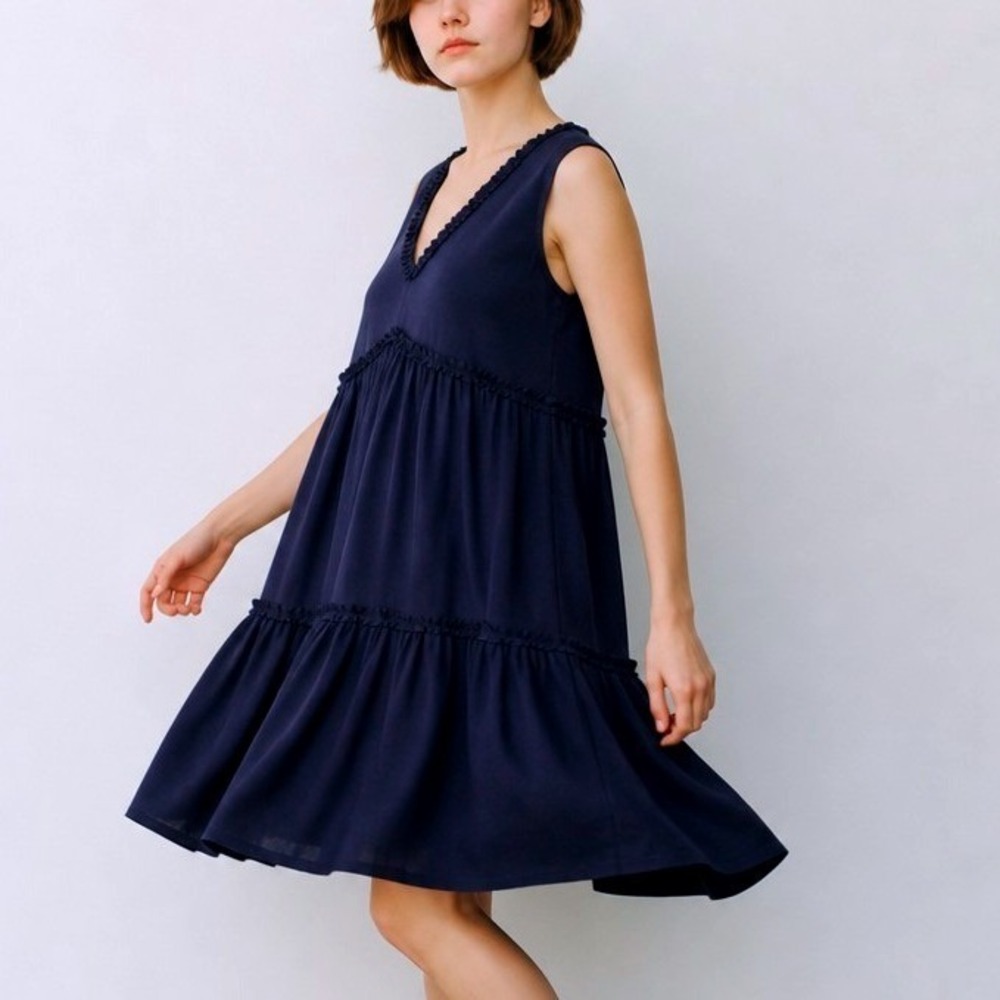 Violet Weekend Navy Blue Tiered Ruffle V-Neck Babydoll Mini Dress Womens Large